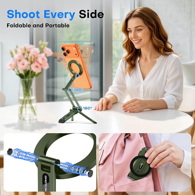 OMOTON TP06-E [3-Adjust] Sturdy Magnetic Phone Tripod for iPhone 17 Pro Max | Aluminium Phone Stand for MagSafe with Hook 1/4" Screw& Arca, Travel Essentials Gift for Vlog, Creators, Live, Green - Image 7
