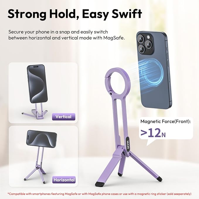 ULANZI MA30 Magnetic Phone Tripod Stand for iPhone, Aluminium Maglock Smartphone Mini Tripod Pocket Cell Phone Stand Strong Magnet Compatible with iPhone 17 16 15 14 13 12 Series, Lavender - Image 3