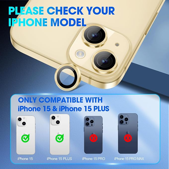 for iPhone 15/iPhone 15 Plus Camera Lens Protector Cover, Yellow | Individual Metal, 9H Hardness, Scratch Resistant, Shockproof, Drop Protection, Case Friendly, Stylish Accessories - Image 2