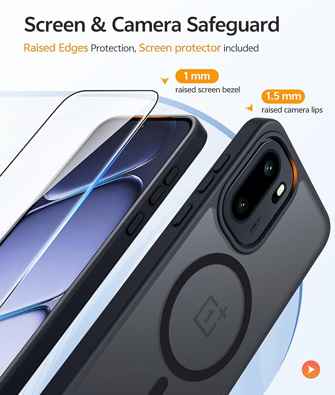 FNTCASE for OnePlus 15R Case, Fit for Magsafe, Screen Protector, Black | Translucent Matte Magnetic Back, 14FT Military Grade Drop Protection, Shockproof Protective Phone Cover - Image 4