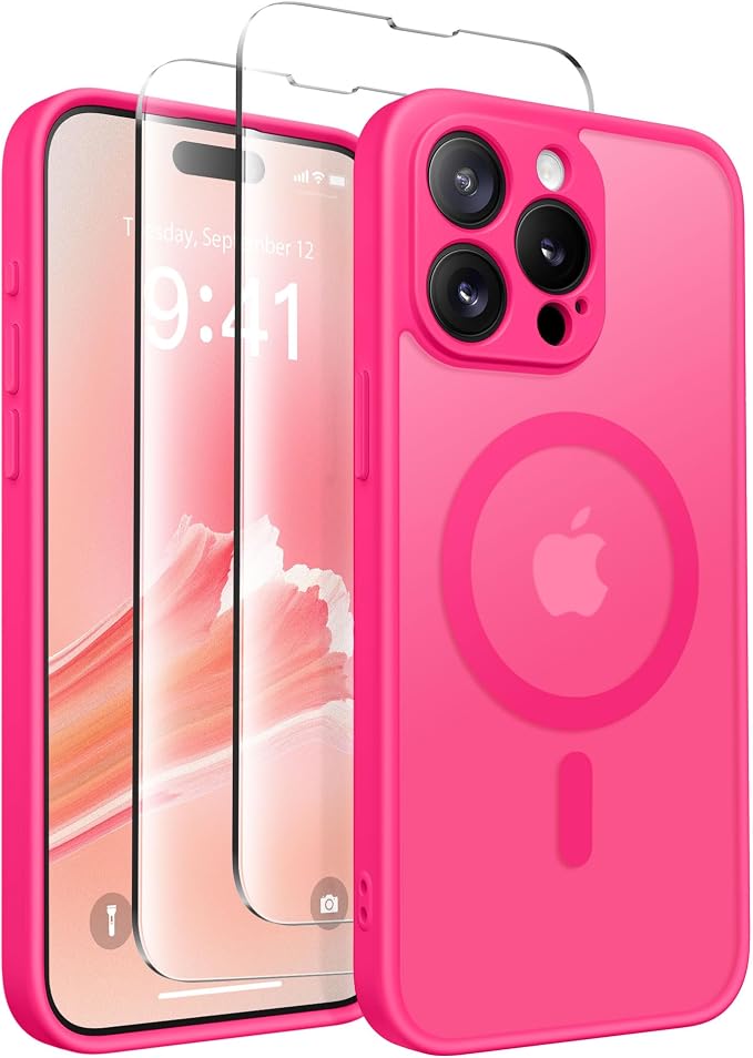 CAPRARO for iPhone 15 Pro Case, Compatible with MagSafe Hot Pink | Upgraded [Full Camera Protection] Shockproof Protective Slim Translucent Matte Magnetic Phone Case 6.1'', Hot Pink by CAPRARO
