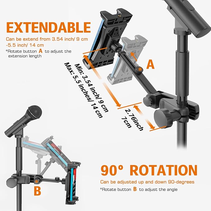 Tablet Holder for Microphone Stand, iPad Mount for Sheet Music Stand | 360° Swivel Tablet Phone Stand for Mic Stand/ Mic Tripod, for Musicians, Stage Use, Clip-on Mount Fits 4.7-12.9" Devices - Image 2