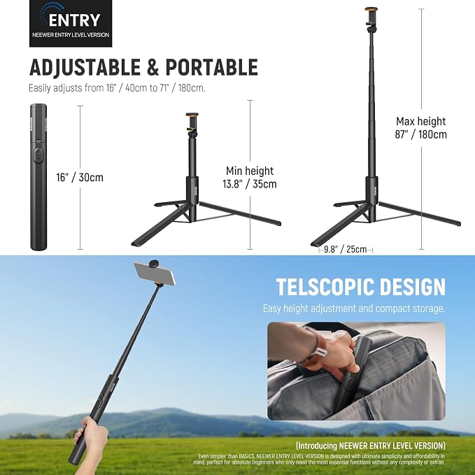 NEEWER Entry Level Version 16-71" Selfie Stick Tripod Compatible with iPhone Android, Portable Cell Phone Travel Stand Camera Holder with Remote for TikTok Video Recording Streaming Filming, PA988 - Image 2