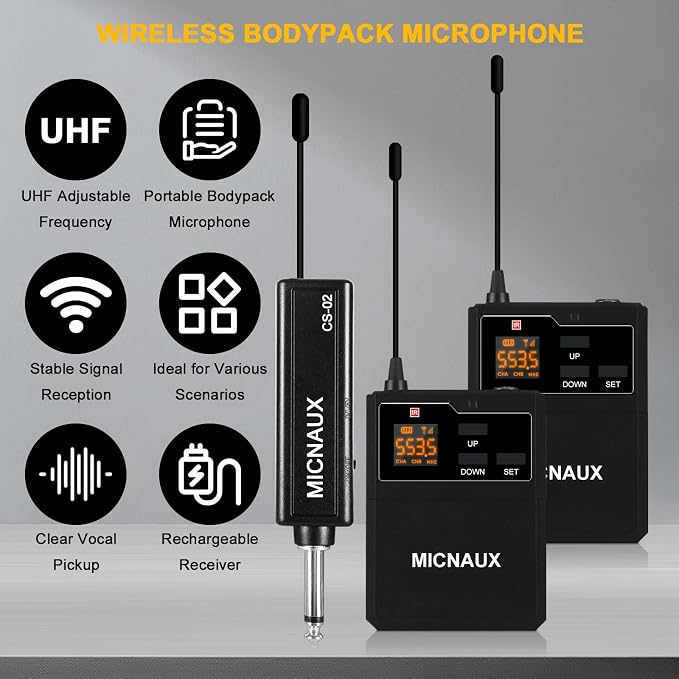 Wireless Lapel Microphone System with Headset & Lavalier Mics, Dual Bodypack Transmitters, Mini Rechargeable Receiver, 48 Channels in 500MHz UHF Band, 260ft Range for Wedding Speech Church - Image 2