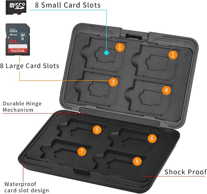 Aluminum Shock Resistant Carrying Box Holder Memory Card Storage Box Case Holder 8 Slots for SD SDHC MMC Micro SD TF Cards (Black) - Image 2