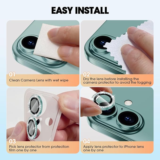 for iPhone 16/16 Plus Camera Lens Protector Bling Diamond, Green | Individual Metal, 9H Hardness, Scratch Resistant, Shockproof, Drop Protection, Case Friendly, Stylish Accessories - Image 7