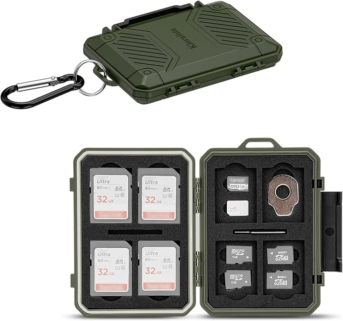 IP67 Waterproof Memory Card Case, Slim Anti-Shock SD TF Card Holder Carrying Case Organizer for 8 SD/SDHC/SDXC Cards, 12 MicroSD/MicroSDHC/MicroSDXC/TF/MSD Cards, 2 Nano SIM Storage - Green by Kiorafoto