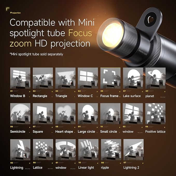 PHOTOOLEX RGB Photography Spotlight, Photography Flashlight, Optical Snoot | 360 ° Color/3500K-7000K/CRI96+/12 Effects/3 Optical Lens/12W Output/PRO, 20 Metal Gobo Filters/9000mAh/APP Control/Portable - Image 3
