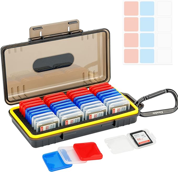 Kiorafoto SD Card Case w 36PCS Individual Clear Plastic Memory Card Holder | Water-Resistant,Anti-Shock,36 Slots,for 36x SD SDXC SDHC Cards,Camera Memory Card Holder Organizer,with Carabiner & Labels by Kiorafoto