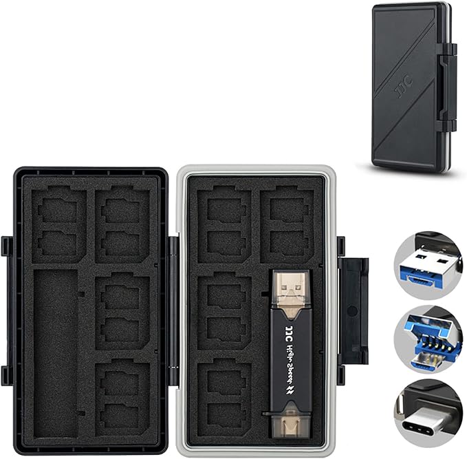 24 Slots Memory Card Case Holder for 16 Micro SD Cards, 8 SD Cards, Includes a 3 in 1 Type C USB 3.0 Micro USB 2.0 Memory Card Reader, Water-Resistant Anti-Shock by JJC