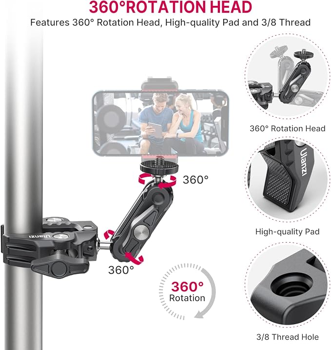 ULANZI Super Clamp Camera Clamp Mount Monitor 360° Ballhead MagicArm Double | Ball Head Adapter with 1/4"-20 & 3/8"-16 Thread ST-07 Phone Tripod Mount - Image 2