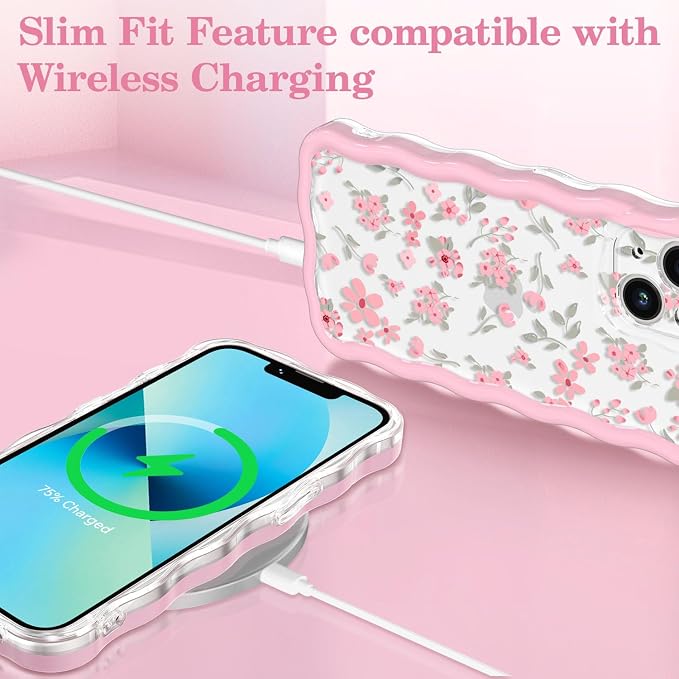 QLTYPRI for iPhone 15 Pink Flower Case, Clear Cute Pink Floral Flower Phone Case Curly Wavy Aesthetic Phone Cover, Soft Slim Transparent TPU Shockproof Protective Cover for Women Girls - Pink - Image 5