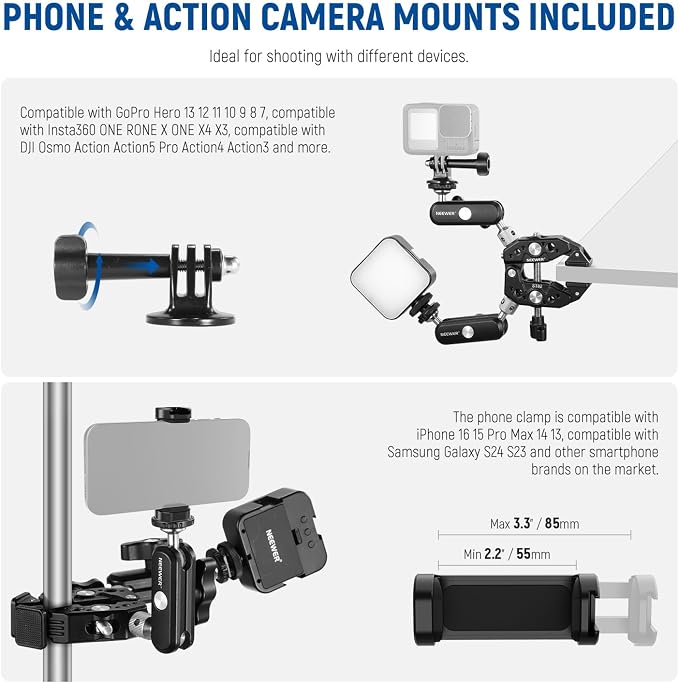 NEEWER Heavy Duty Super Clamp with Two 360° Dual Ball Head Magic Arms, 1/4" 3/8" Screw Threads, Phone & Action Camera Mount Adapter for Flat/Round Surface Compatible with GoPro DJI Insta360 DSLR - Image 2