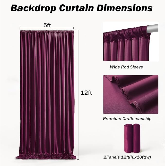 10x12 ft Burgundy Backdrop Curtains for Weddings, Birthdays and Photos | 2 Panels 5x12 ft, Wrinkle-Free Polyester Drapes, Washable, Ironable, 4 in Rod Pocket for Baby Showers Photography Background - Image 4