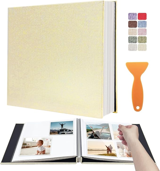 Large Photo Album Self Adhesive Scrapbook Album for 4×6 5×7 8×10 Pictures DIY Magnetic Linen Cover Album 40 Pages for Family Wedding Gifts with Metal Pen and Plastic Board, Light Yellow by HenPisen