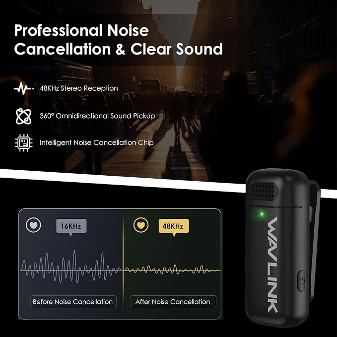 WAVLINK Wireless Lavalier Microphone for iPhone 16/15/14/13/12 Android Vlog, Clip on Lapel Mic System & Lightning & USB-C Inputs & Battery Case for YouTube Facebook Live, Video Recording(1*TX+1*RX) - Image 5