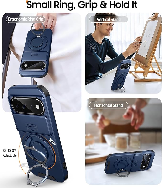 JAME for Google Pixel 10 Pro XL/11 Pro XL Case, Stand & Slide Camera Cover | Ring Holder Kickstand, Screen Protectors, Dual-Layer Shockproof Protective, Magnetic Accessory Friendly Phone Case, Blue - Image 3