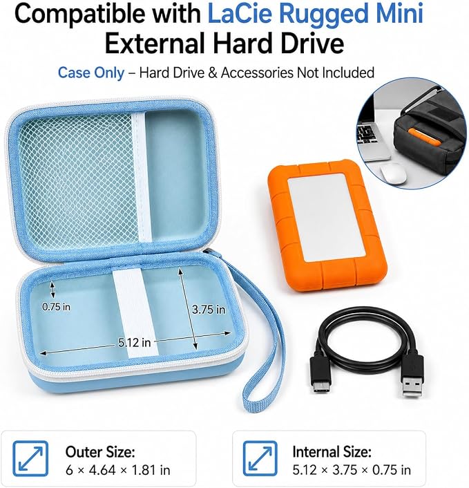 ALKOO Case for LaCie Rugged Mini 1TB/2TB/4TB/5TB External Hard Drive | Portable HDD Holder, Cable Pocket, SD Card Storage, for Photographers, Creators, Students, Office, Travel, Case Only, Bule - Image 2