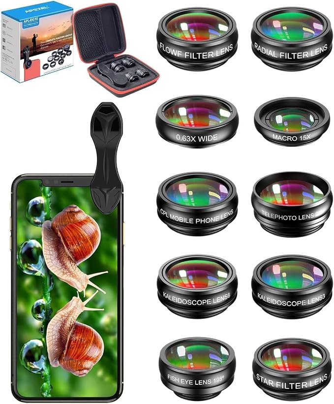 MIAO LAB 10 in 1 Phone Camera Lens Kit - Wide Angle Lens & Macro Lens+Fisheye Lens+2X Telephoto Lens+CPL/Flow/Radial/Star+Kaleidoscope 3/6 Lens for iPhone Samsung Sony and Most of Smartphone by MIAOLAB