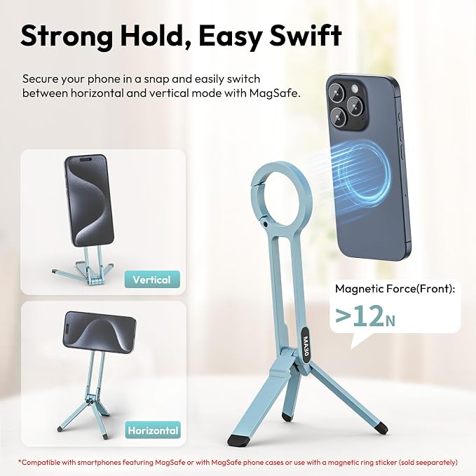 ULANZI MA30 Magnetic Phone Tripod Stand for iPhone, Aluminium Maglock Smartphone Mini Tripod Pocket Cell Phone Stand Strong Magnet Compatible with iPhone 17 16 15 14 13 12 Series, Mint Green - Image 3