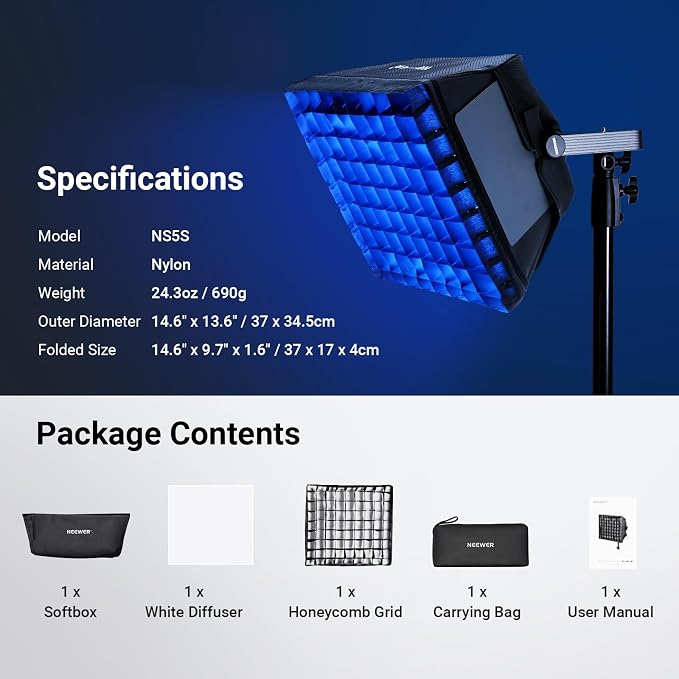 NEEWER Upgraded Softbox Diffuser Only for NEEWER RGB1200 Video Light, 14.6"x13.6"/37x34.5cm Foldable Soft Box with Grid/Bag/Blackout Hood, Quick Set Up for Portrait Studio Photography Lighting, NS5S - Image 8