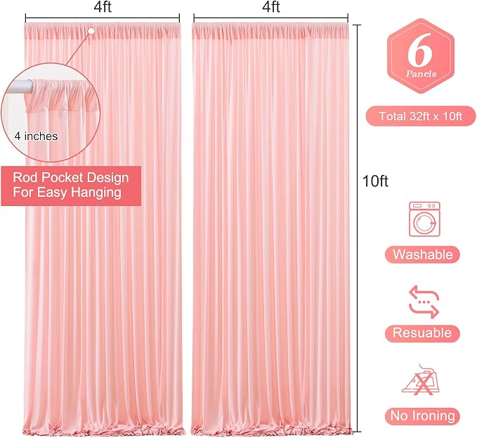 Blush Pink Backdrop Curtains-Wrinkle-Free Polyester Photography Drapes Party Curtain Background for Baby Shower Wedding Decorations- 24 X10FT - Image 5
