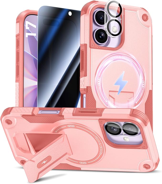 Goton 3 in 1 for iPhone 17 Case with Privacy Screen Protector Pink | Glass Camera Lens Protector,Compatible for MagSafe,Invisible Kickstand, Shockproof Phone Cover for iPhone17 by Goton