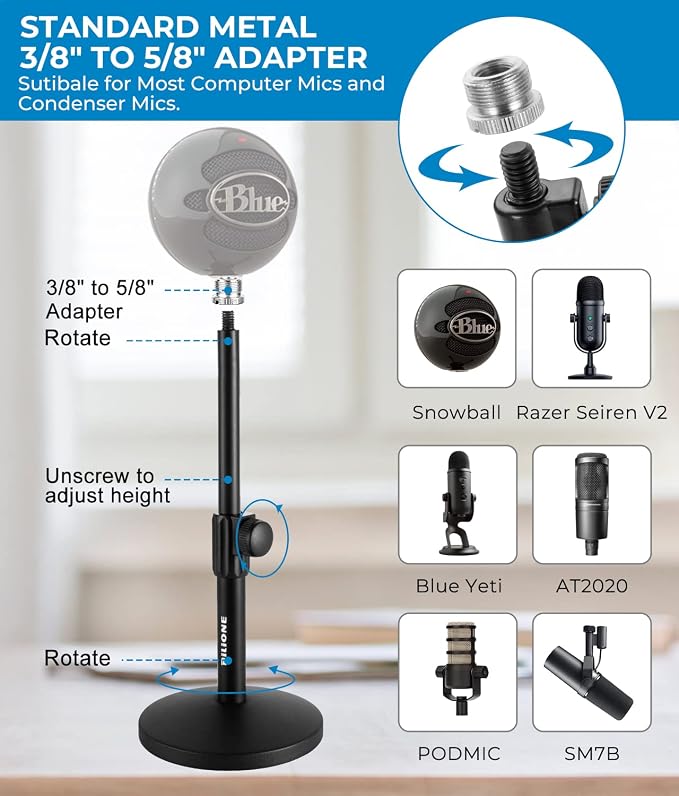Multifunctional Desktop Microphone Stand, Adjustable Mic Stand Desk with Pop Filter, Shock Mount, Microphone Clip, 5/8" to 3/8" Metal Screw Adapter (Pack of 2) - Image 6
