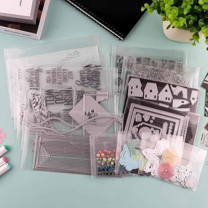 50 Pieces 9.4X3.9inch Stamp & Dies Storage Pockets,Plastic Clear Dies Storage Envelopes Scrapbooking Storage Cutting Dies Stencil Organizer Holder with Label Stickers for Cutting Dies Stencil Stamp - Image 5