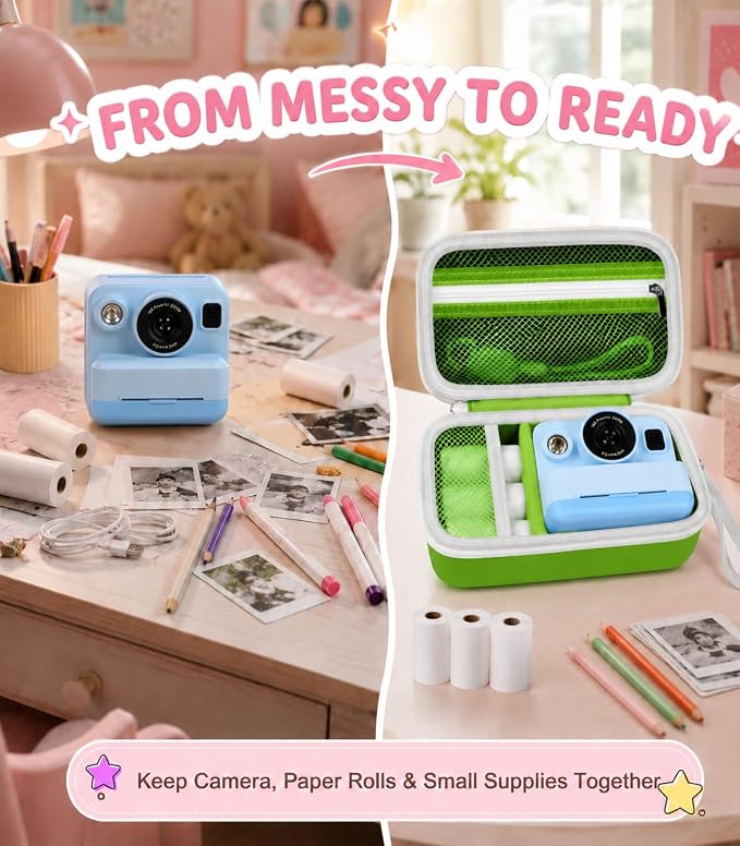 Kids Instant Print Camera Case for DYLANTO for ESOXOFFORE Cameras | Portable Digital Camera Case Organizer for ETIKEZ for YTETCN for DUDUDRAGON with Pocket for Accessories (Box Only)-Green - Image 7
