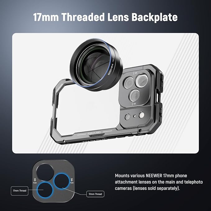 NEEWER Phone Cage Compatible with iPhone 17 Pro, Quick Release Video Rig Stabilizer Accessories with 67mm Filter Ring, 17mm Lens Backplate, T Mount Adapter, 4X Camera Control Cap, PA143 (Black) - Image 3