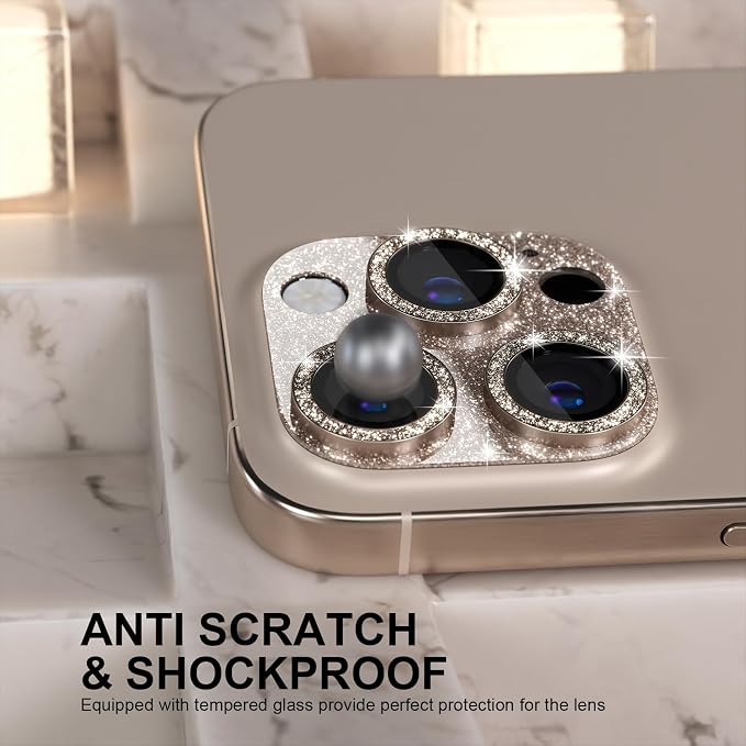Choiche for iPhone 16 Pro/iPhone 16 Pro Max Camera Lens Protector | Bling Camera Cover with 9H Tempered Glass Lens Screen Protector Metal Ring Decoration Accessories (Glitter-Titanium Desert) - Image 3
