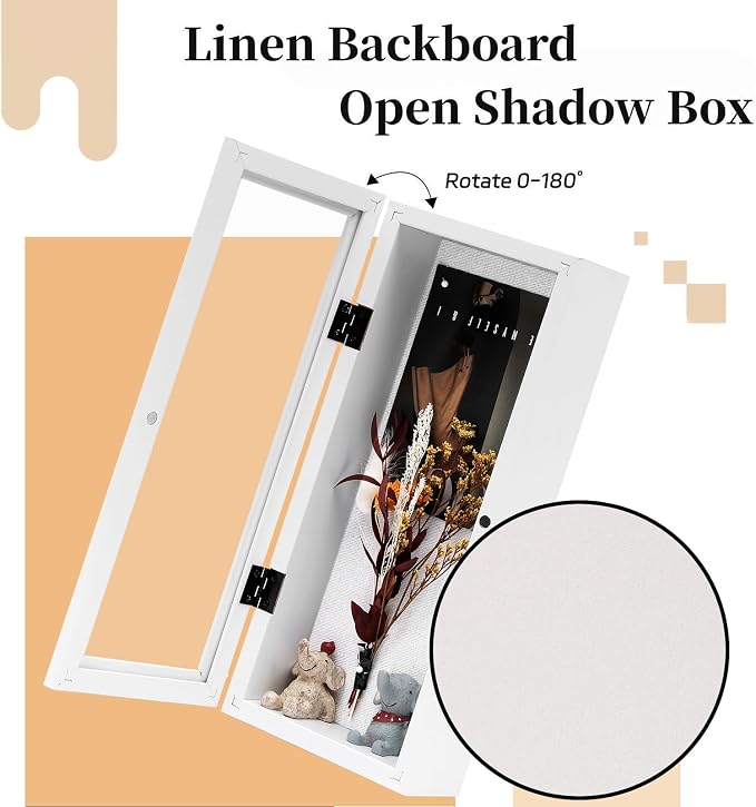 Muzilife 12.5x5 Shadow Box Wood Picture Frame, 2.16 Deep, Real Glass, White | FSC-Wood, Magnetic Door, Linen Interior & Pins, Vertical, Horizontal Wall Hanging, Display Case Frame for Photos & Keepsakes - Image 5