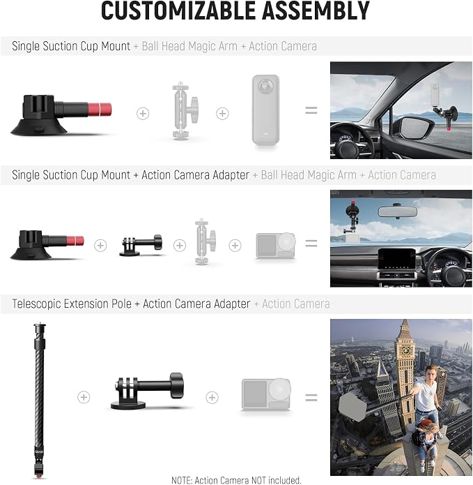 NEEWER Triple Suction Cup Car Mount Kit, Carbon Fiber Camera Mount with Action Camera Adapter, NATO Rail & 24"/60cm Extension Pole Compatible with GoPro Insta360, 2.2lb/1kg Max Load, CA136 - Image 2