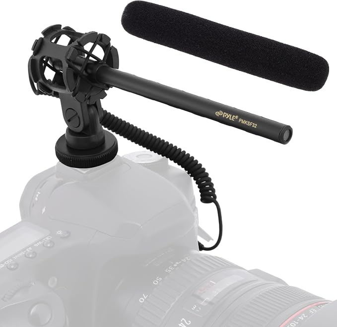 Pyle Camera-Mount Shotgun Microphone, Back Electret Condenser, Line-Gradient Pattern, 3.5mm Connector, 42dB Sensitivity, 50Hz-18kHz, Windscreen & Mic Holder, On-Camera Condenser Mic for Clear Audio by PyleUSA