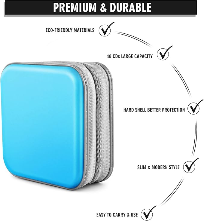 CD/DVD Case Wallet, 48 Capacity, Sky Blue, Plastic, Portable Storage Organizer | Zipper‑DVD Organizer, Scratch‑Resistant Sleeves Shield Discs From Dust & Damp; Stores Music, Video, Gaming & Blu‑ray Discs - Image 3
