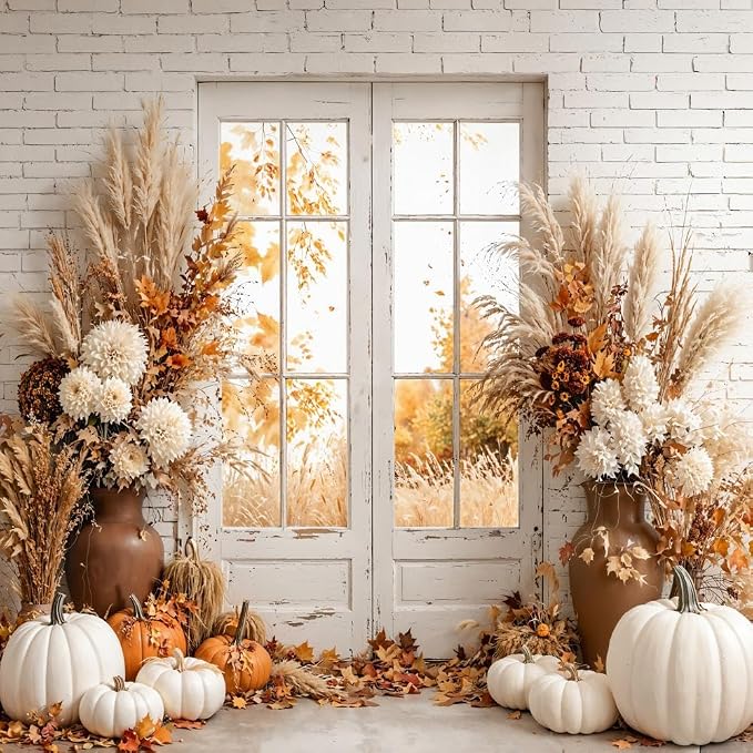 Kate Fall Photography Backdrops Autumn Harvest Pumpkin White Brick Wall Boho Theme Photography Props, 8x8ft - Image 2