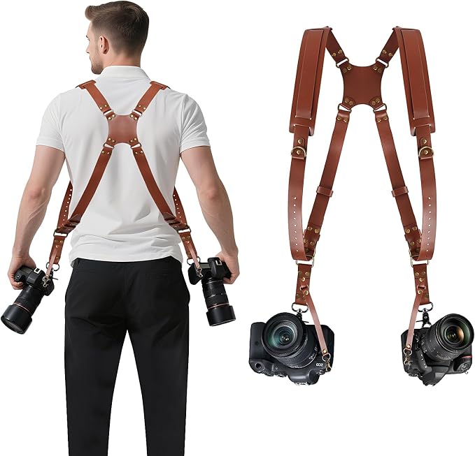 JUNART Camera Strap,Leather Dual Camera Harness with Shoulder Widening Stress Relief, for Two DSLR/SLR Cameras by Unknown