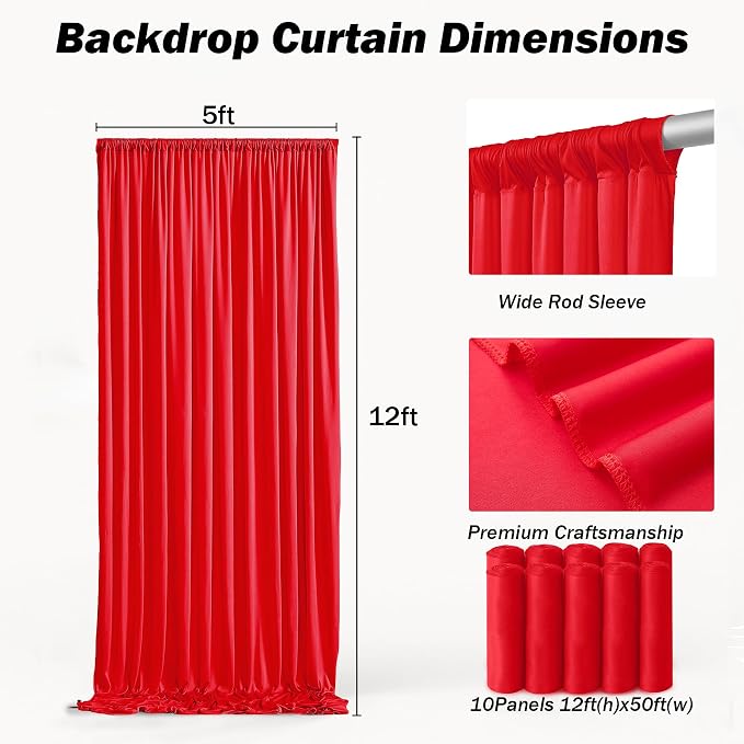 50x12 ft Red Backdrop Curtains for Weddings Parties, Birthdays and Photos | 10 Panels 5x12 ft, Wrinkle-Free Polyester Drapes, Washable, Ironable, 4 in Rod Pocket for Baby Showers Photography Background - Image 4