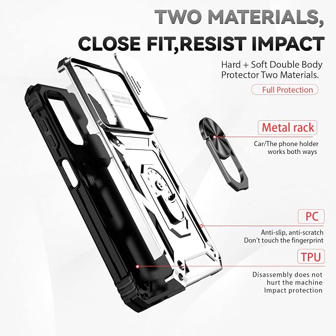 for Samsung Galaxy A14 5G Case with Screen Protector & Camera Lens Cover, [Military Grade] 16FT Drop Tested, Magnetic Kickstand Rugged Shockproof Protective Case for Samsung A14 5G, Silver - Image 5