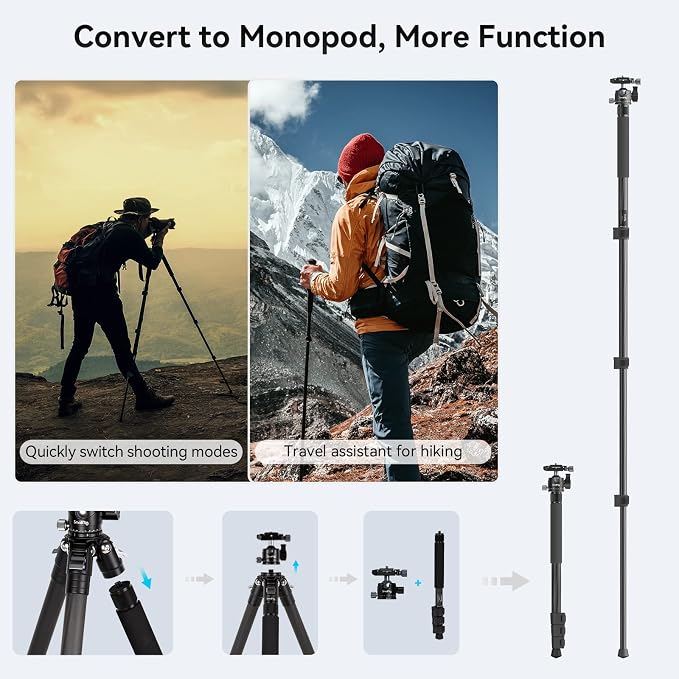 SmallRig AP-10 52.4" Carbon Fiber Camera Tripod Max. Payload 11lb | 360° Ball Head, Detachable Monopod, Lightweight & Compact, Quick Release Plate For Arca - Image 7