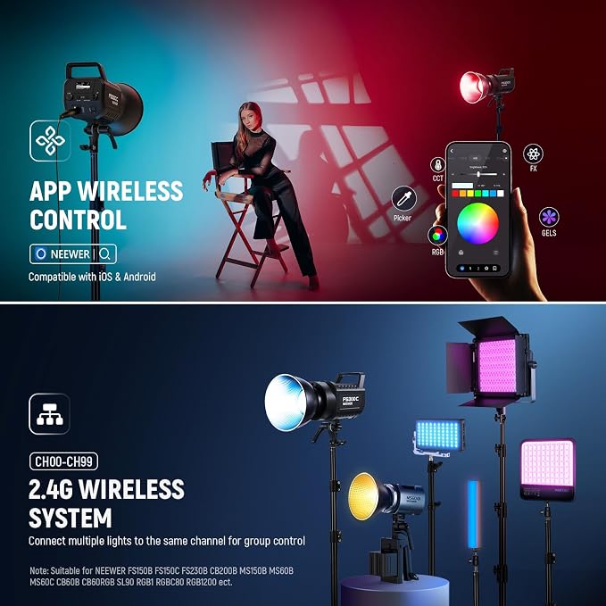 NEEWER FS300C 300W RGB LED Video Light with App/2.4G Control | 17 Effects, 2500K-7500K, 29000Lux/1m COB Continuous Output Lighting, CRI95+/TLCI97+, Bowens Mount Spotlight for Studio Shoots - Image 7