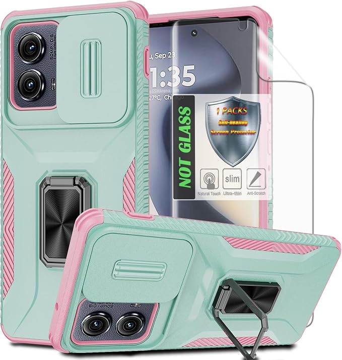 for Moto Edge 2024 Case,with Sliding Camera Lens Cover,HD Screen Protector,360° Rotating Ring Kickstand, Military-Grade Shockproof Protective Cover for Motorola Moto Edge 2024,Mint+Pink by AYMECL