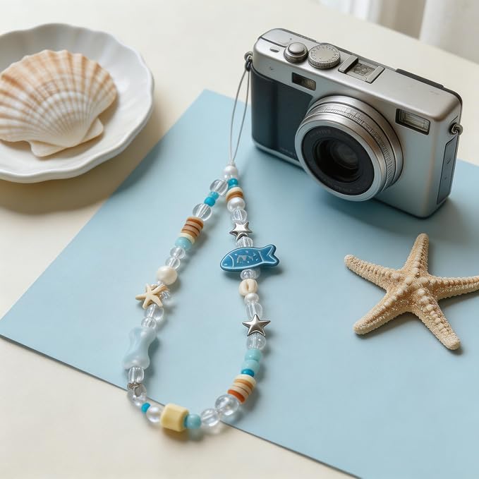 2 Pcs Phone Charm Strap Hand Wrist Strap Camera Lanyard Pearl Beaded Cute Chain String Accessories Universal for iPhone 17 Pro Max 16 15 for Samsung Women Girls Keychain Bag Blue Fish and Green Beads - Image 6