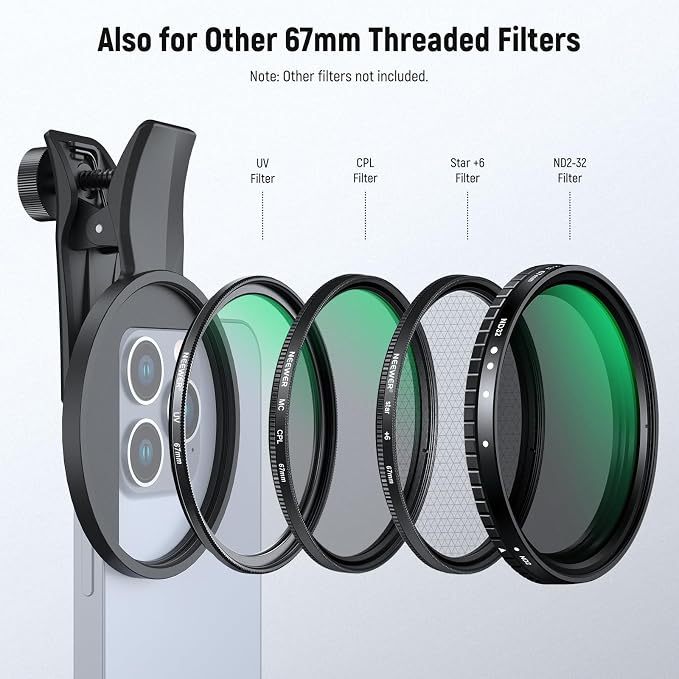 NEEWER 67mm Clip On Black Diffusion 1/4 Filter for Mist Cinematic Effect, Photography Accessories Kit Compatible with iPhone 17 16 15 Pro Max Plus 16e 14 13 mini, FL-B24 - Image 4