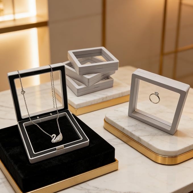 12 PCS Dual-Color Packaging Box 3D Floating Frame Display Stand, Color-Matching Packaging Display Box, Transparent Window Jewelry Case, PE Film Anti-Oxidation Storage Case. (White+Black) - Image 4