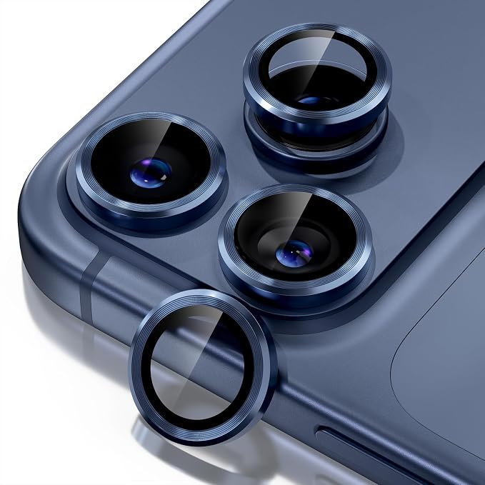 Misea Compatible for iPhone 17 Pro/iPhone 17 Pro Max Camera Lens Protector | 9H Tempered Glass Ultra HD Bling Camera Screen Protector Cover Metal Individual Ring Accessories, Deep Blue by Misea
