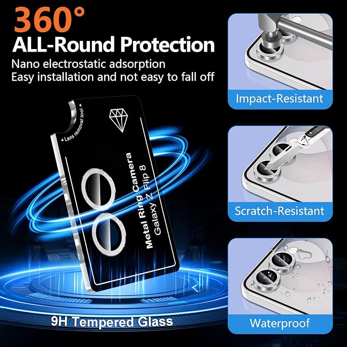 for Samsung Galaxy Z Flip 8 Camera Lens Protector, Individual Metal Ring Tempered Glass Lens Cover, [Strong Adsorption] Scratch Resistant Ultra-Thin HD Clear Lens Cover, 1 Set-Silvery - Image 2