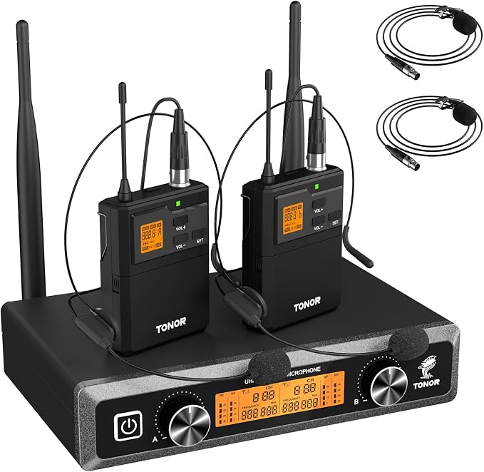 TONOR UHF Wireless Microphones System with Headset/Lavalier Lapel Mics, Bodypack Transmitter, Receiver, 2 * 15 Channels, 60 m/200ft Range for Live Singing Karaoke Church Party DJ, 2 Bodypack Mics by TONOR