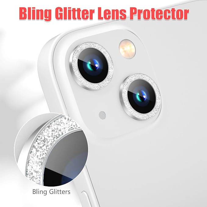 AGVEE 3+3 6 Pack for iPhone 15/15 Plus Camera Lens Protector Cover | Individual Bling Diamond & Bling Glitter Sparkle Cute Gem Metal Ring, 9H Tempered HD Glass - Image 5
